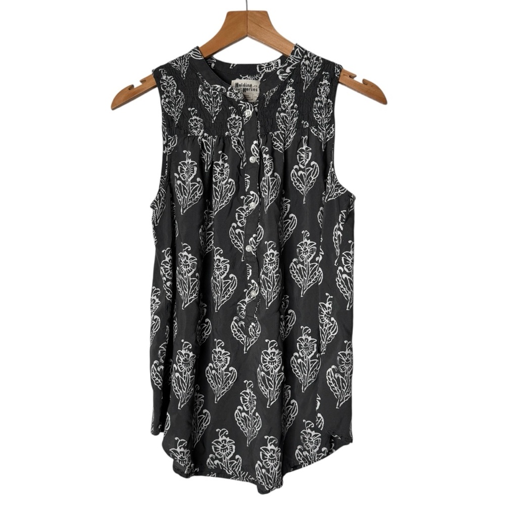Anthropologie Holding Horses Gray Floral Sleeveless Western Blouse Women's XS